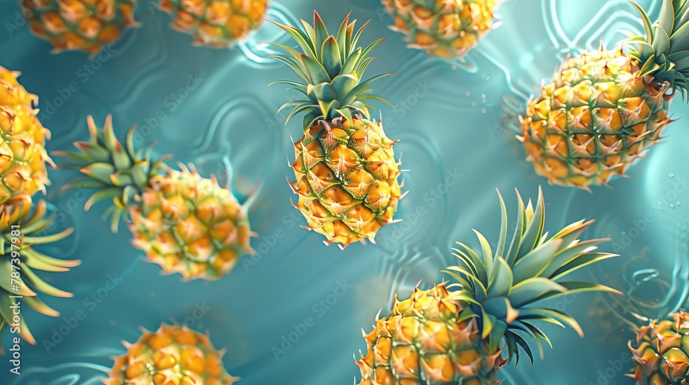 A colorful array of fresh pineapples from above, each slice radiating with vitamins and juicy goodness, set in a realistic diet concept backdrop A colorful array of fresh pineapples from above, each slice radiating with vitamins and juicy goodness, set in a realistic diet concept backdrop
