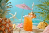 Tropical Cocktail on Sunny Beach with Pineapple and Starfish: A Perfect Summer Scene