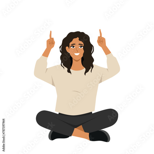 Young woman sitting lotus pose on the floor and pointing index fingers up. Flat vector illustration isolated on white background