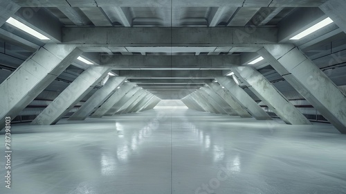 A wide, empty cement floor car park inside a futuristic building, presenting a clean, modern design space in a panoramic shot