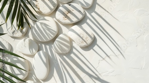Aerial view of natural white stones and a palm leaf casting elegant shadows on a pristine white background, perfect for luxury product displays photo