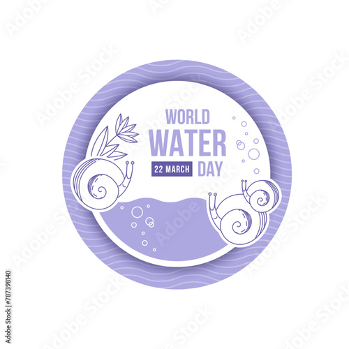 World water day. Snails, lotus, waves in round composition. Cute round frame with snails. Vector illustration for marine design.