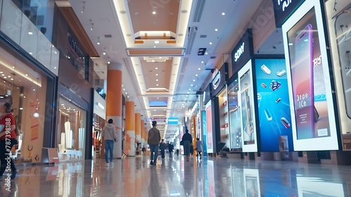 Indoor shopping mall advertising billboard large video promotion LED screen in public space area : Generative AI photo