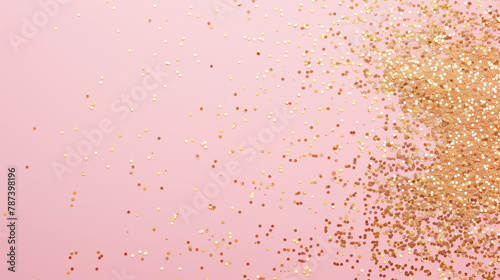 Simple minimal background for design. Golden confetti on a pink background. Empty border frame with copy space. Generative AI
