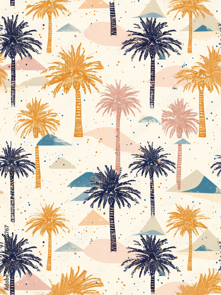 Tropical Palm Trees and Mountains Seamless Pattern