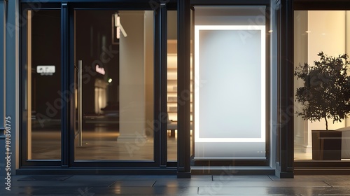 Large blank banner in a shop window at night mock up 3D Render : Generative AI