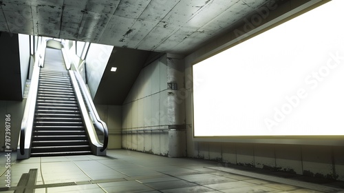 Horizontal mock up of blank advertising billboard poster template next to a flight of stairs outofhome OOH media display space mockup in pedestrian underpass digital display in train s : Generative AI photo