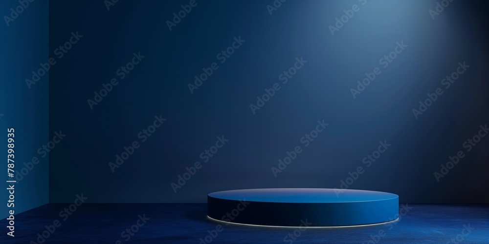 Obraz premium A modern minimalist stage setup with a blue tone and spotlight emphasizing simplicity in presentation spaces