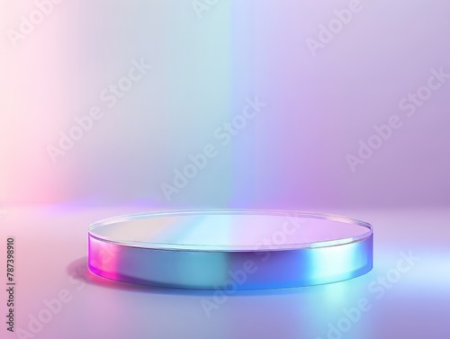 Futuristic product advertisement setting, a holographic floating stand with a subtle glow, placed against a completely blank and neutral background