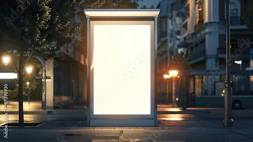 Blank white mock up of vertical light box in a bus stop in beautiful weather : Generative AI