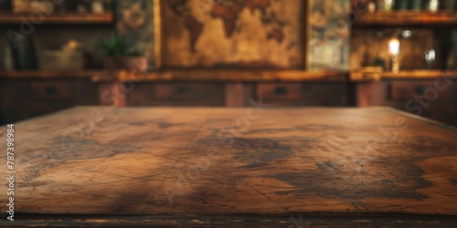 Close-up of an aged world map on a wooden desk giving the feeling of adventure and exploration