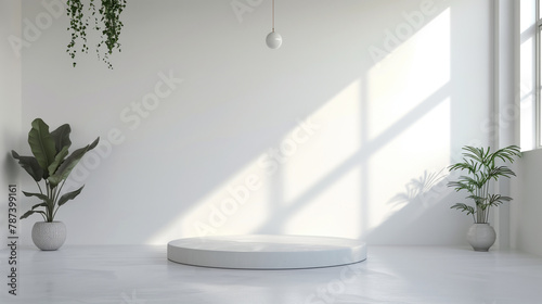Modern minimalist interior with empty podium for product presentation  sunlight  and indoor plants. Empty copy space. Generative AI