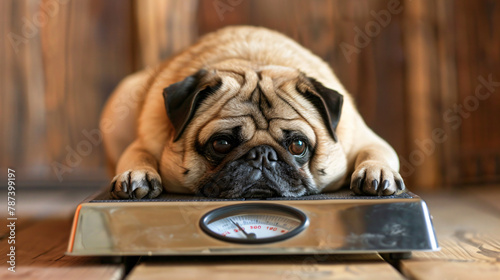 Cute pug dog laying on weigh scales photo