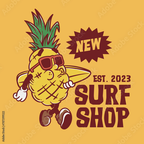 pineapple mascot character, vintage badges design with editable text, mascot cartoon design (ID: 787399522)