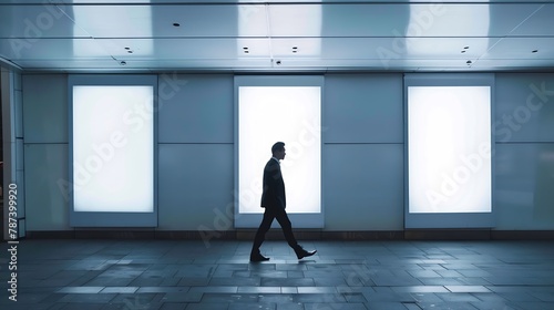 European businessman walking past two empty white banners in underground corridor Mock up : Generative AI