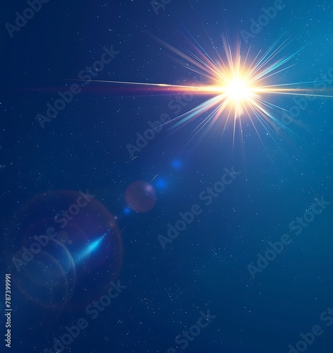 A glowing lens flare with a bright star on the right side of an empty blue background