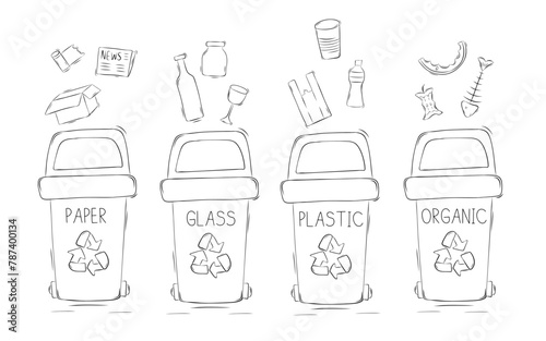 Sketch waste segregation. Sorting garbage by material and type in trash cans. Separating and recycling garbage. Vector illustration in doodle style