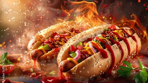 An explosion of flavors and colors, these gourmet hot dogs with vibrant toppings and a drizzle of sauces are a feast for the senses.