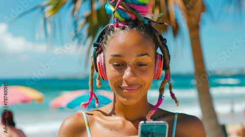 woman with colorful dreadlocks with headphones and phone on the beach © tetxu