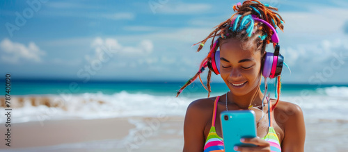 african american woman with colorful dreadlocks and headphones on the beach