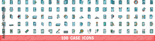 100 case icons set. Color line set of case vector icons thin line color flat on white