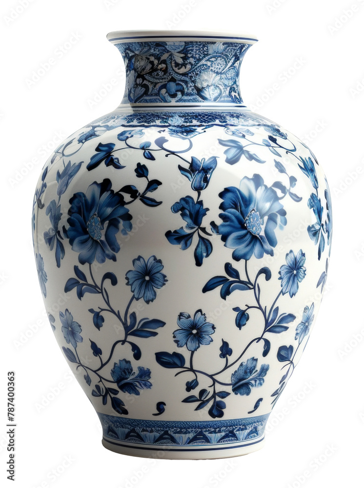 Traditional blue and white porcelain vase with floral design isolated on transparent background
