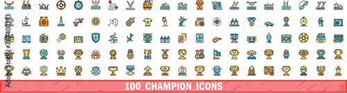 100 champion icons set. Color line set of champion vector icons thin line color flat on white