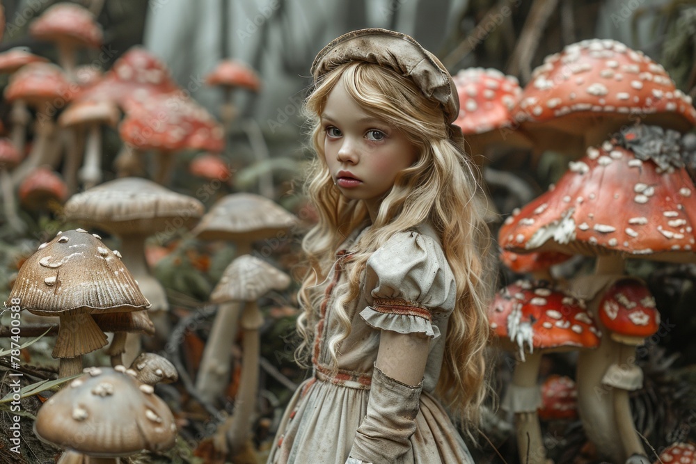 Alice on her adventures in Wonderland, with fantastical landscapes, curious creatures, and surreal encounters along the way, conveying the sense of wonder and whimsy that defines her journey 