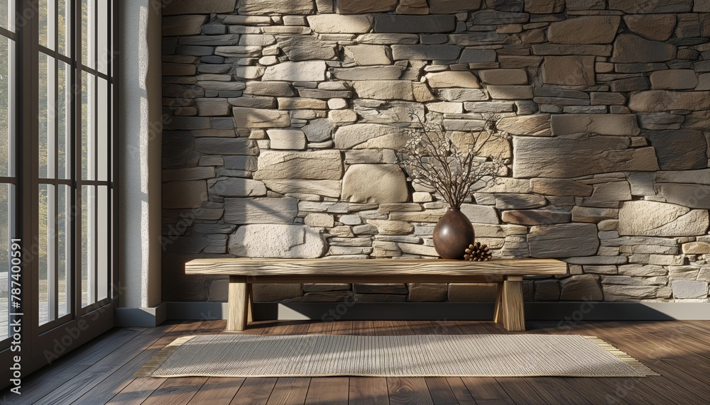 Wooden rustic bench near wild stone cladding wall against window ...