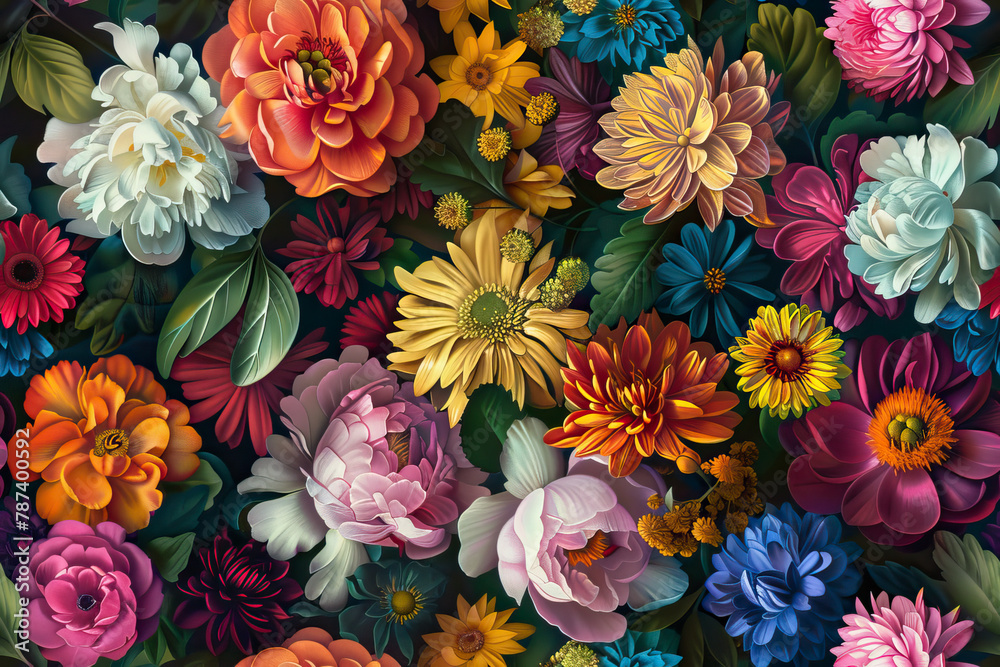 Vibrant seamless floral pattern with peonies, chrysanthemums, and daisies Vibrant seamless floral pattern with peonies, chrysanthemums, and daisies