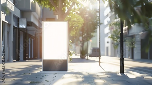 blank white poster and advertiser ad space digital outdoor display lightbox and billboard street corner mockup base empty display panel glass design soft streetscape shopping street ba : Generative AI photo