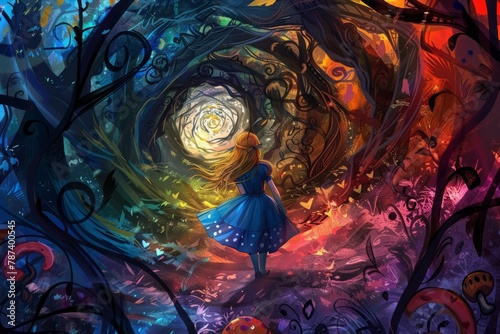 Alice tumbling down the rabbit hole, surrounded by swirling colors and fantastical imagery, capturing the moment of her journey into Wonderland.