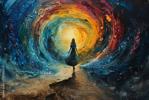Alice tumbling down the rabbit hole, surrounded by swirling colors and fantastical imagery, capturing the moment of her journey into Wonderland.