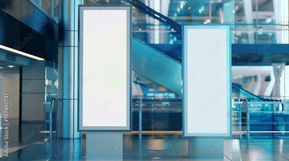 Obraz premium A template of two empty white vertical banners indoors a mockup of two blank billboards in the interior of a shopping mall or an airport terminal waiting hall in front of the glass wal : Generative AI