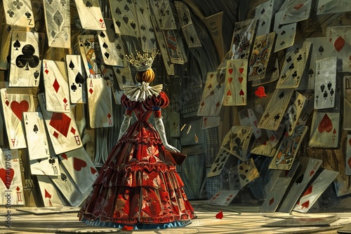Alice standing before the imposing Queen of Hearts and her deck of living playing cards, conveying the tension and absurdity of the courtroom scene. 