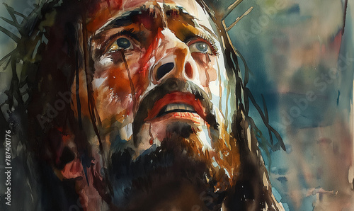Jesus Christ staring at the sky for hope ang peace, in water oil painting photo