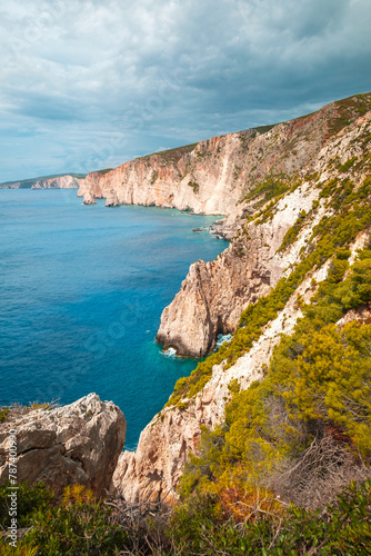 Cliff wall top view of the Ionian sea near Keri rocks on Zakynthos island
