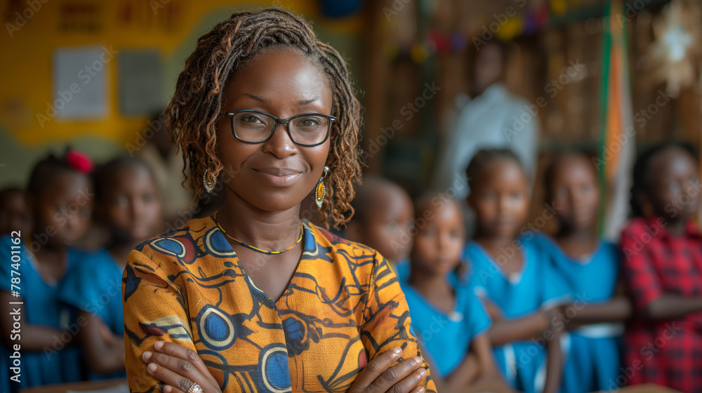 Obraz premium 10. Educational Empowerment: In a classroom filled with eager faces, a dedicated teacher imparts knowledge and wisdom to a new generation of learners, instilling in them a sense of