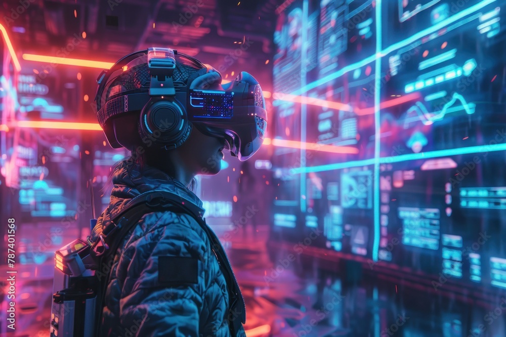 The scene is set in a neon-lit room with a futuristic feel