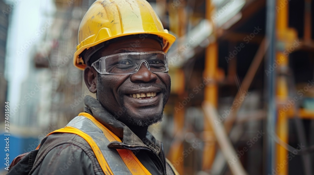 Black african american worker construction in hard safety helmet hat at work on construction site. Labour day concept. Generative ai Black african american worker construction in hard safety helmet hat at work on construction site. Labour day concept. Generative ai