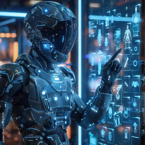 A robot is pointing at a screen with a blue background and a lot of icons