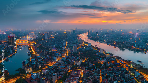 Panorama view of Hanoi city in blue hour 