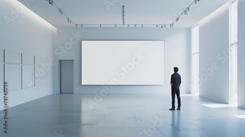 A man looking at a blank white banner in a large bright hall mock up 3D Render : Generative AI © Generative AI
