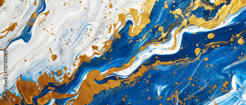 Abstract blue and gold marble fluid art pattern. Generative AI