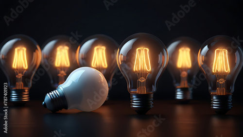 One Lightbulb glowing among shutdown light bulb in dark area with copy space, problem solving solution and outstanding concept by 3d render, glow