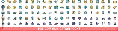 100 communication icons set. Color line set of communication vector icons thin line color flat on white