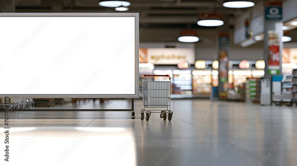 Blank billboard mock up in a supermarket in front of shopping carts : Generative AI Blank billboard mock up in a supermarket in front of shopping carts : Generative AI