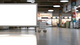 Blank billboard mock up in a supermarket in front of shopping carts : Generative AI