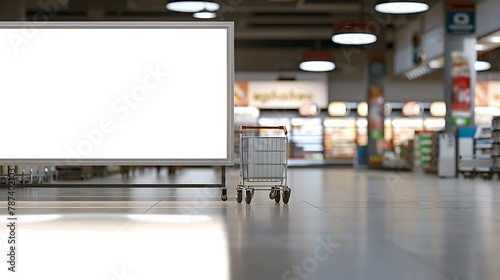Blank billboard mock up in a supermarket in front of shopping carts : Generative AI photo