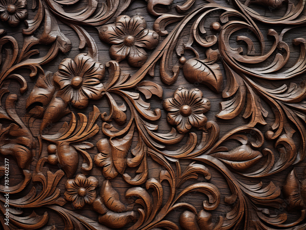 A wooden carving of a flower and leaves motif with a leafy border. Carving is done carefully and high quality.